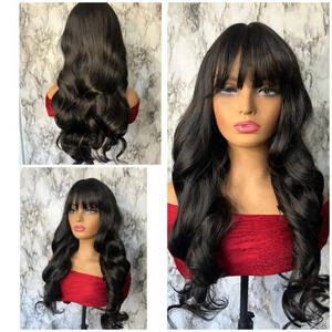26 Inch Long Wave Curly Black Wig with Bangs density 200% BOUTIQUE